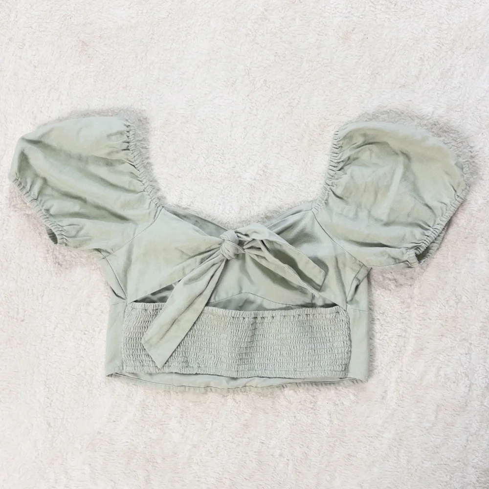 Hollister Sage Green Puff Sleeve Crop Top Linen Blend Size Large